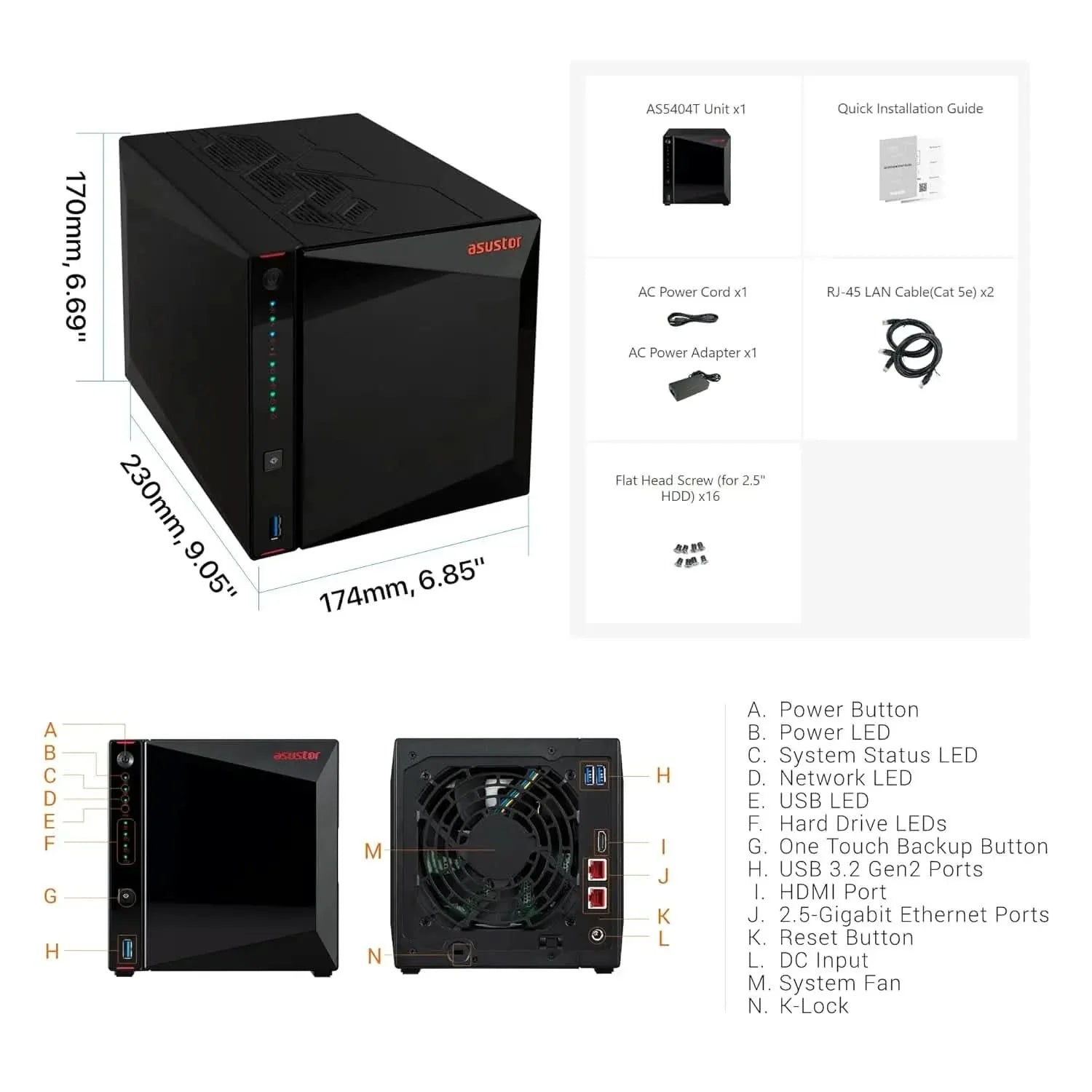 Asustor AS5404T Nimbustor 4 Gen2, 4 Bay NAS Storage, Quad-Core 2.0GHz CPU, 4xM.2 NVMe SSD Slots, 2x2.5GbE Ports, 4GB DDR4 RAM, Gaming Network Attached Storage, Home Personal Cloud Storage