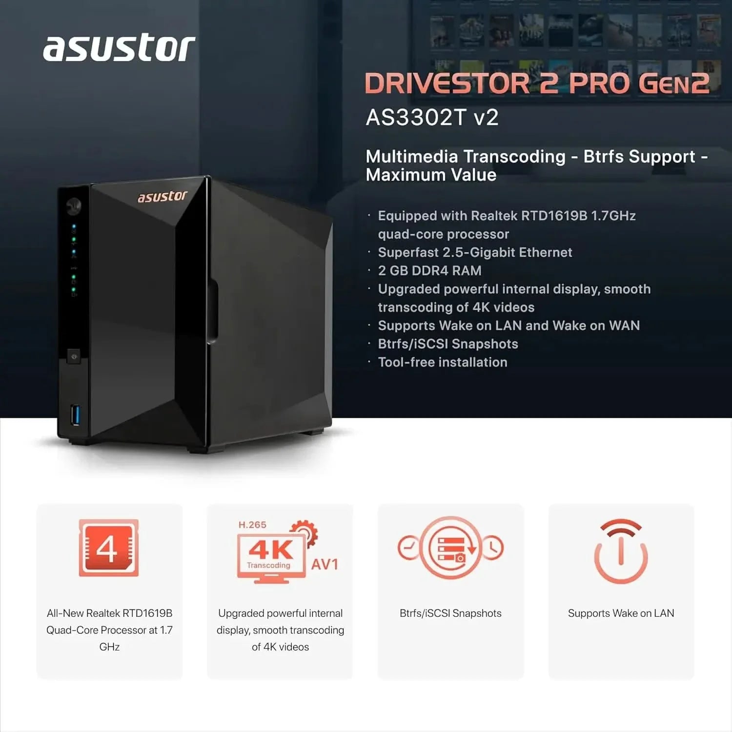 Asustor Drivestor 2 Pro Gen2 AS3302T v2, 2 Bay NAS Storage, 1.7GHz Quad-Core, 2.5GbE Port, 2GB RAM DDR4, Network Attached Storage Device for Home Personal Cloud Storage