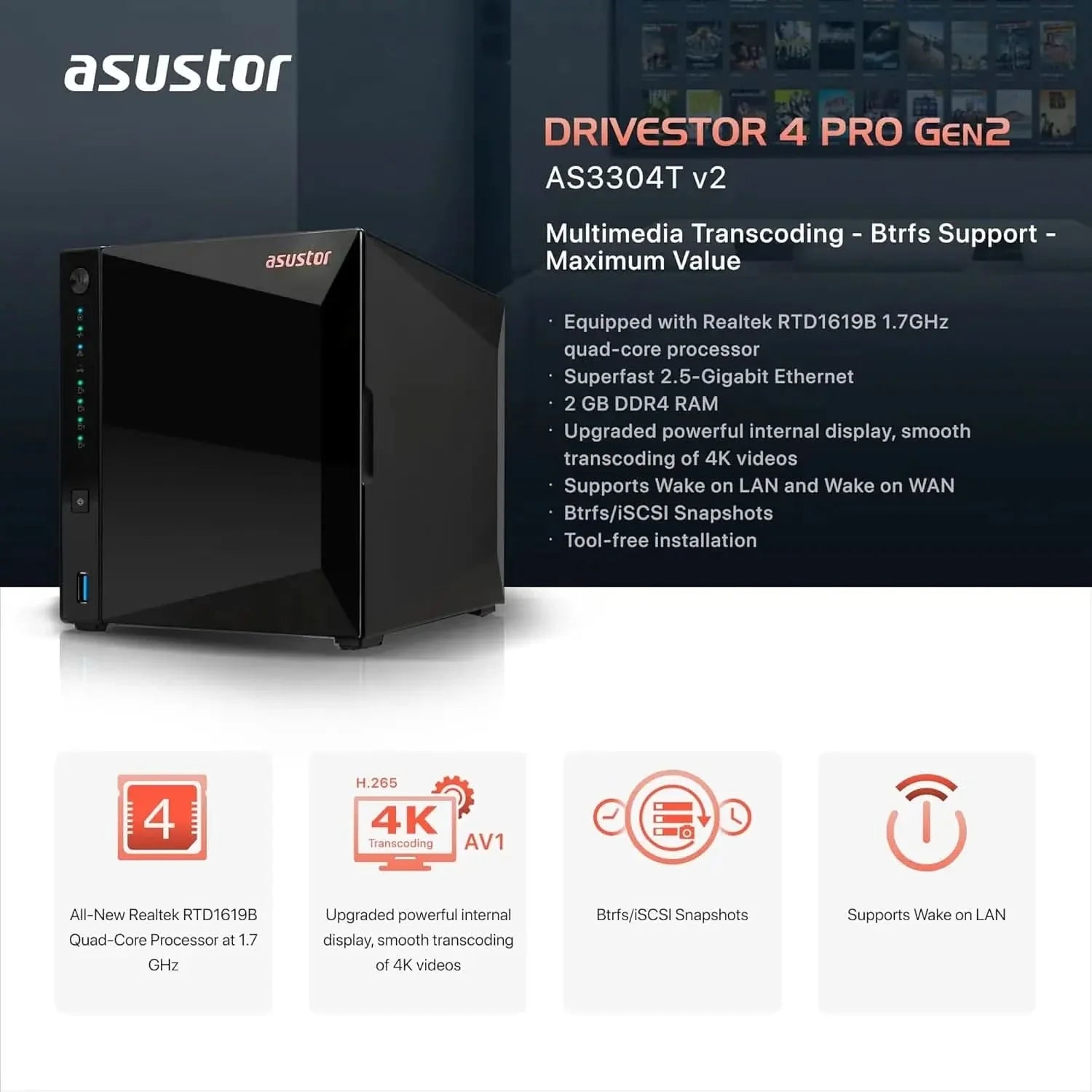 Asustor Drivestor 4 Pro Gen2 AS3304T v2, 4 Bay NAS, 1.7GHz Quad-Core, 2.5GbE Port, 2GB RAM DDR4, Best Value for Home Media Server, Network Attached Storage