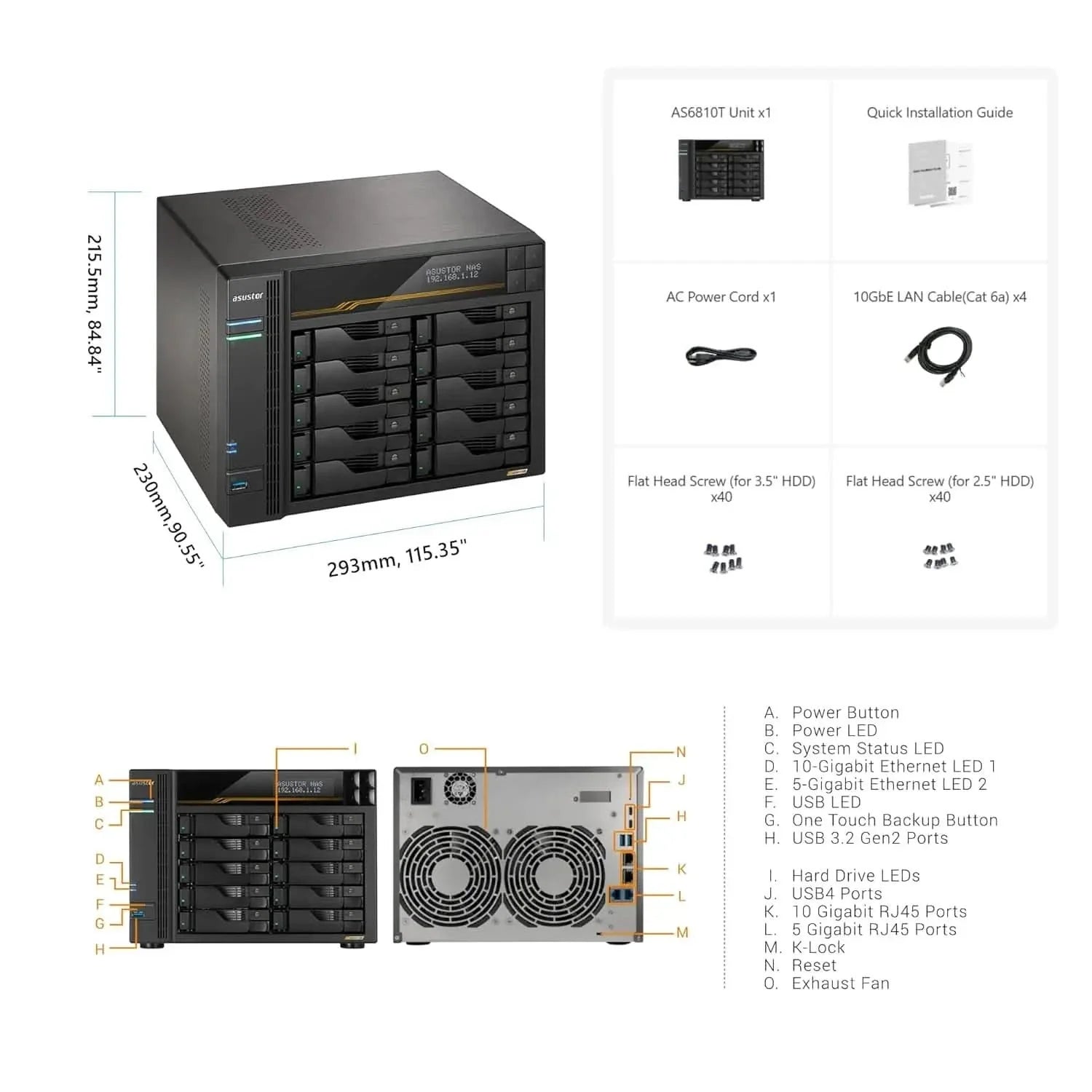Asustor Lockerstor 10 Gen3 AS6810T 10 Bay NAS, AMD Ryzen Quad-Core 2.3 GHz, 16GB RAM ECC DDR5, 4 M.2 NVMe Slots, Dual 5GbE and Dual 10GbE Port, USB 4.0 Type-C, Network Attached Storage