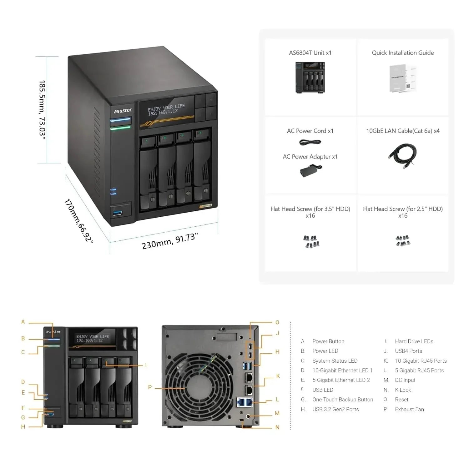Asustor Lockerstor 4 Gen3 AS6804T, 4 Bay NAS, AMD Ryzen Quad-Core 2.3 GHz, 16GB RAM ECC DDR5, 4 M.2 NVMe Slots, Dual 5GbE and Dual 10GbE Port, USB4 Type-C, Network Attached Storage