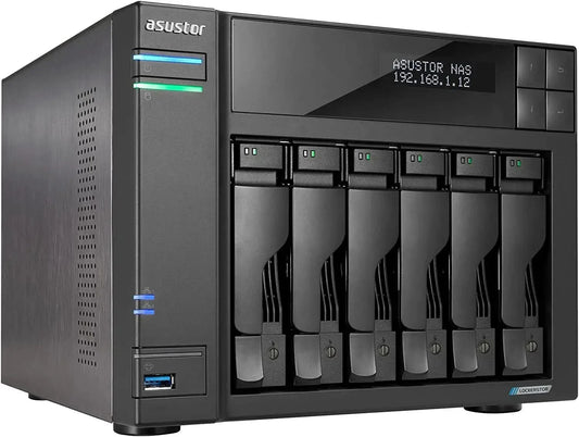 Asustor Lockerstor 6 Gen2 AS6706T - 6 Bay NAS, Quad-Core 2.0 GHz CPU, 4X M.2 NVMe Slots, Dual 2.5GbE, Upgradable to 10GbE, 8GB DDR4 RAM, Content Creation Network Attached Storage
