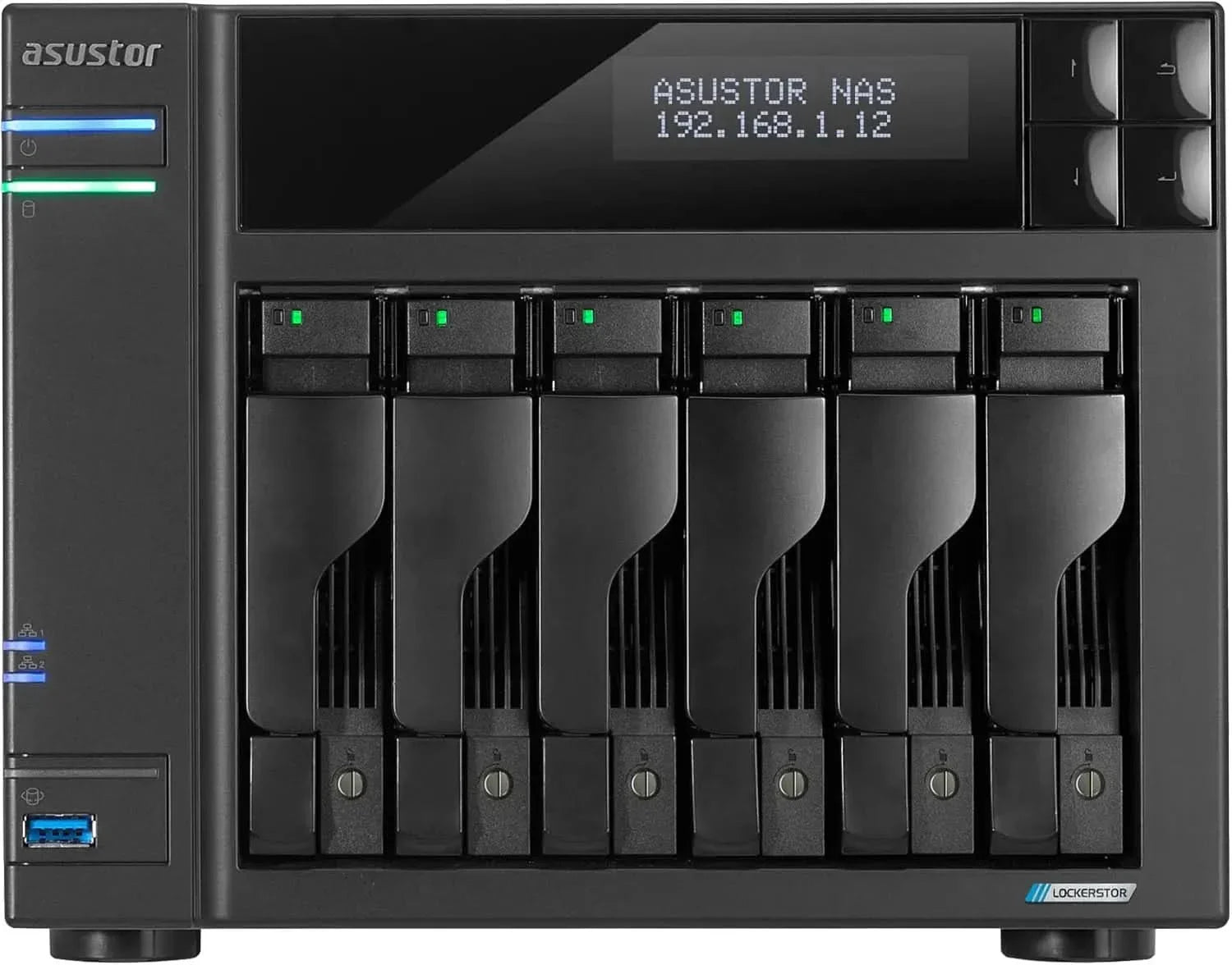 Asustor Lockerstor 6 Gen2+ AS6706T v2 6 Bay NAS Storage, Intel Quad-Core 2.0GHz CPU, Dual 5GbE Ports, 8GB RAM DDR4, 4 M.2 SSD Slots, HDMI, Network Attached Storage