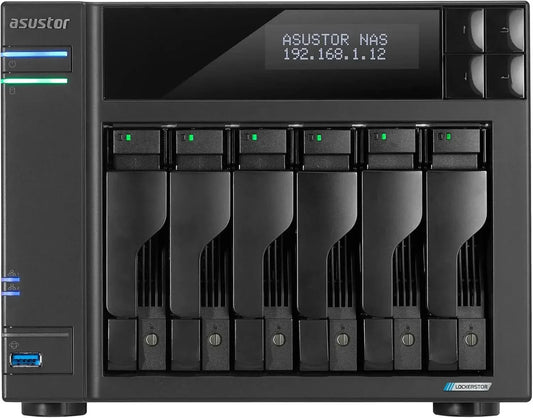 Asustor Lockerstor 6 Gen2+ AS6706T v2 6 Bay NAS Storage, Intel Quad-Core 2.0GHz CPU, Dual 5GbE Ports, 8GB RAM DDR4, 4 M.2 SSD Slots, HDMI, Network Attached Storage