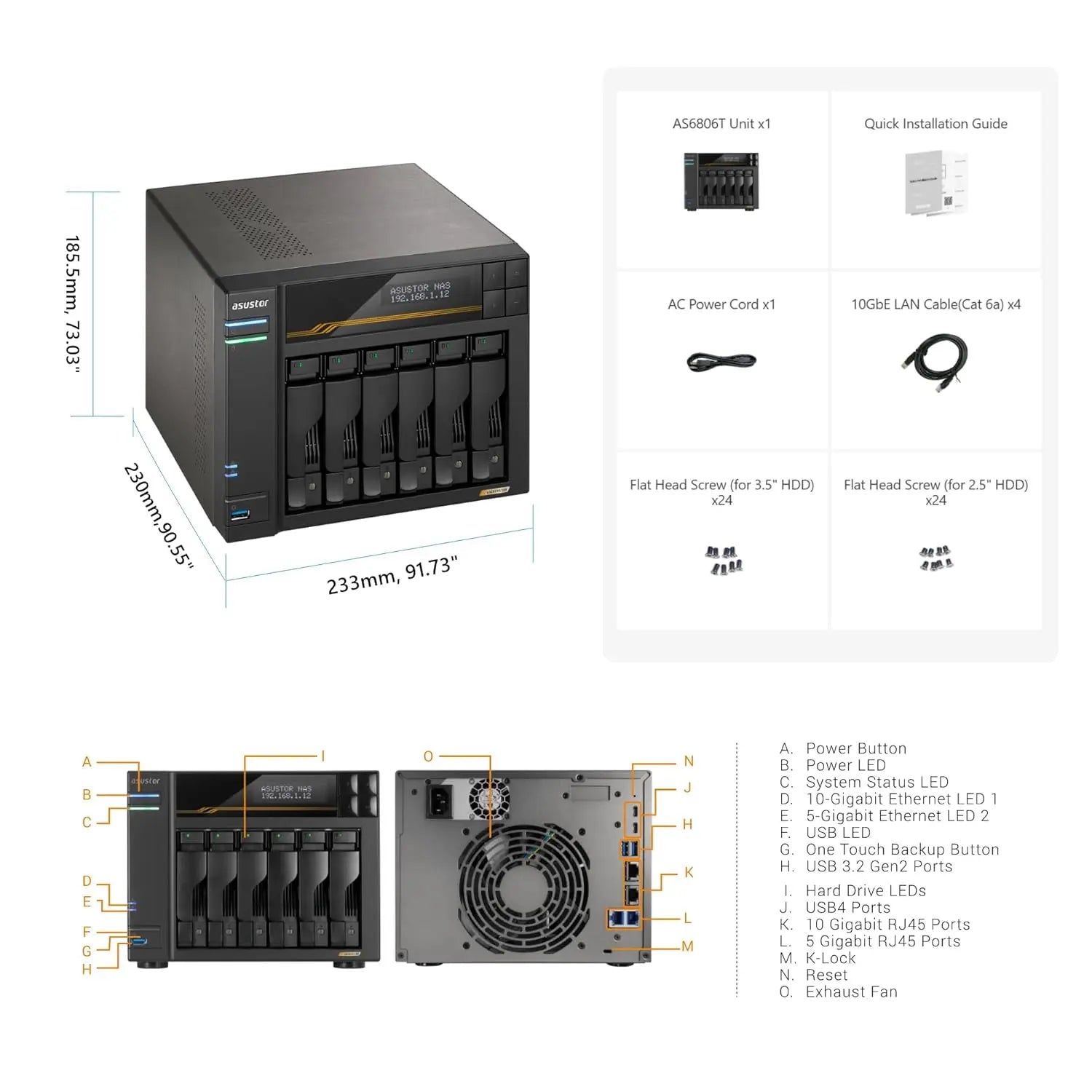 Asustor Lockerstor 6 Gen3 AS6806T 6 Bay NAS, AMD Ryzen Quad-Core 2.3 GHz, 16GB RAM ECC DDR5, 4 M.2 NVMe Slots, Dual 5GbE and Dual 10GbE Port, USB4 Type-C, Network Attached Storage