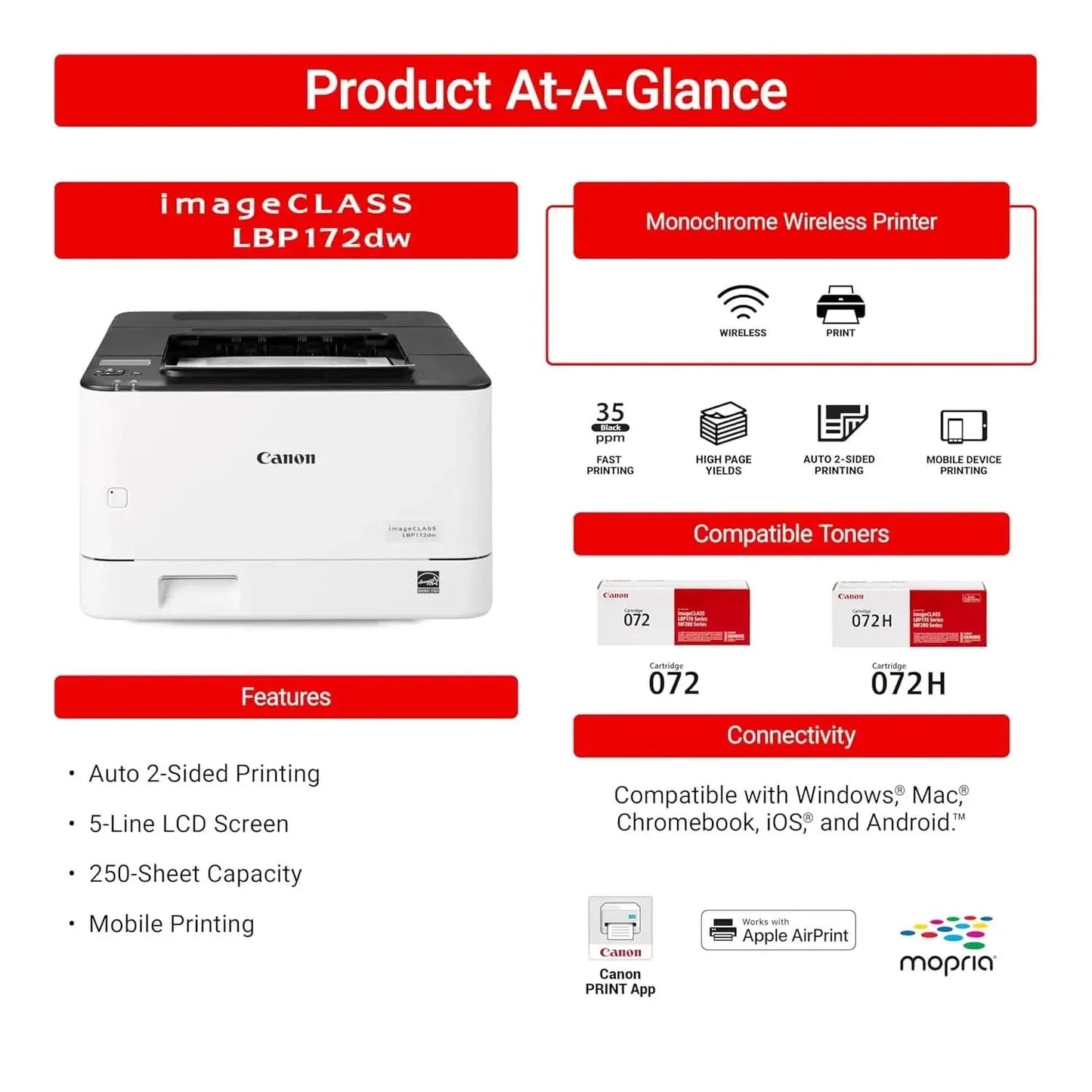 Canon imageCLASS LBP172dw Monochrome Duplex, Wireless Laser Printer, Single Function, Home Office, Mobile Ready White
