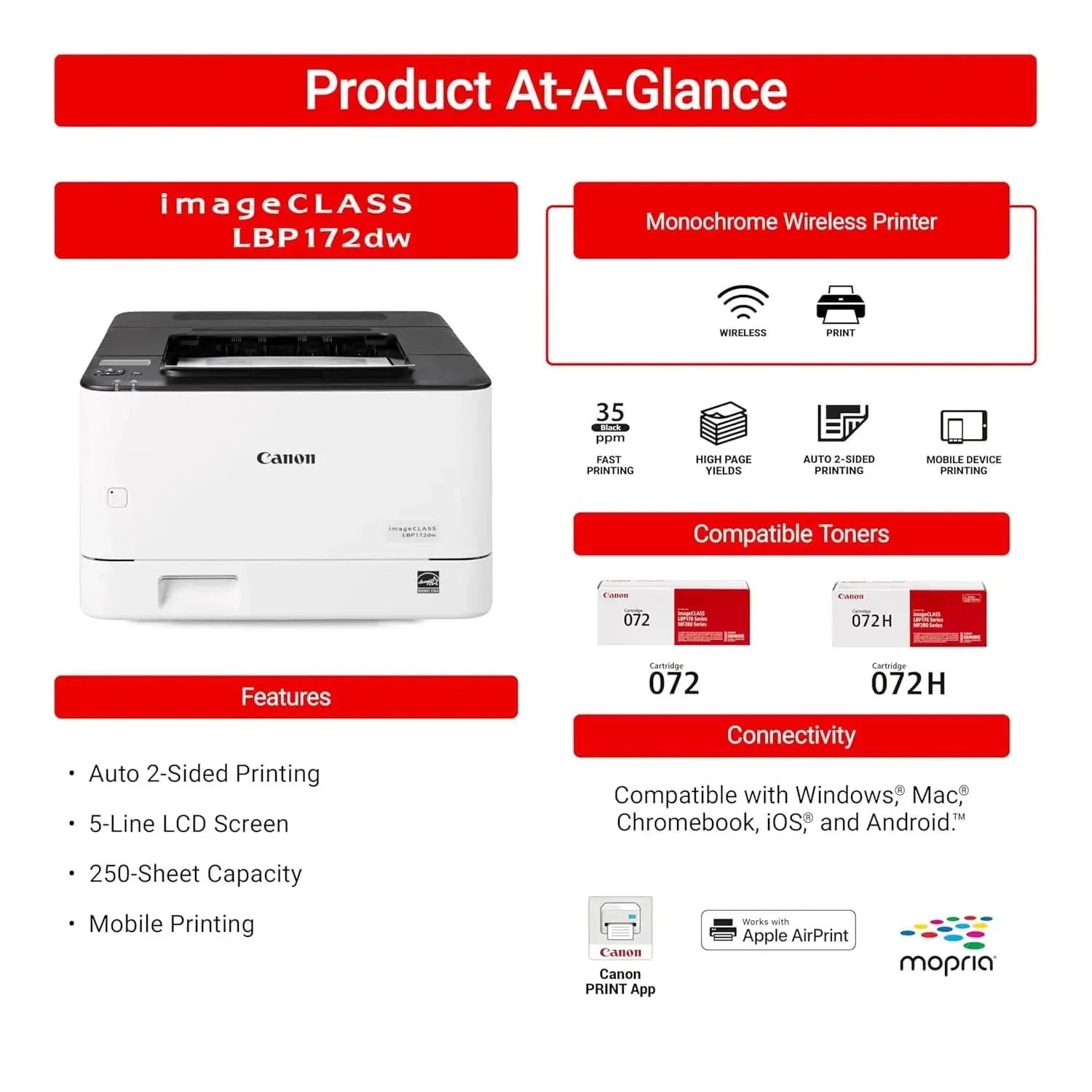 Canon imageCLASS LBP172dw Monochrome Duplex, Wireless Laser Printer, Single Function, Home Office, Mobile Ready White