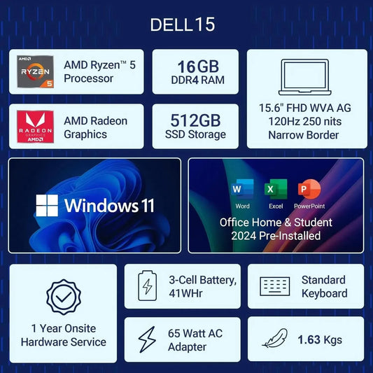 Dell 15, AMD Ryzen 5-7530U, 16GB RAM, 512GB SSD, FHD IPS, 15.6"/39.62cm, Windows 11, MSO 2024, Platinum Silver Laptop