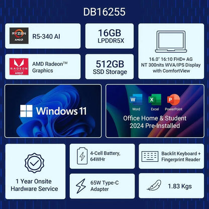 Dell 16, AMD Ryzen AI 5 340 6-core/12-thread Processor, 16GB LPDDR5X, 512GB SSD, FHD+, 16"/40.64cm, Win11, MSO'24, Ice Blue AI Powered Laptop