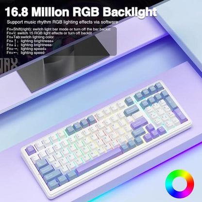 AULA F99 Tri-Mode 2.4G Wired BT Hot Swappable RGB Wireless Full Size Mechanical Blue White, Crescent Switch Gaming Keyboard
