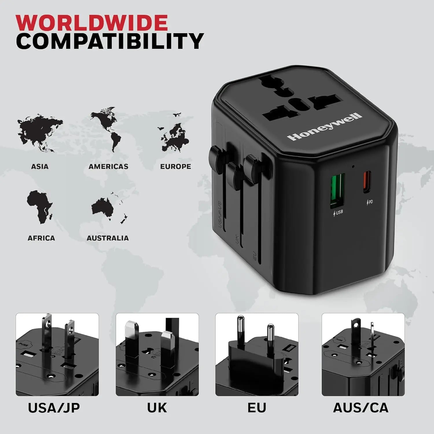 Honeywell New Launch Universal Travel Adapter 38W, 3-in-1 Fast Charging, Universal Socket, TypeC, USBA, Worldwide Wall Charger for EU,US,UK & CN/AUS