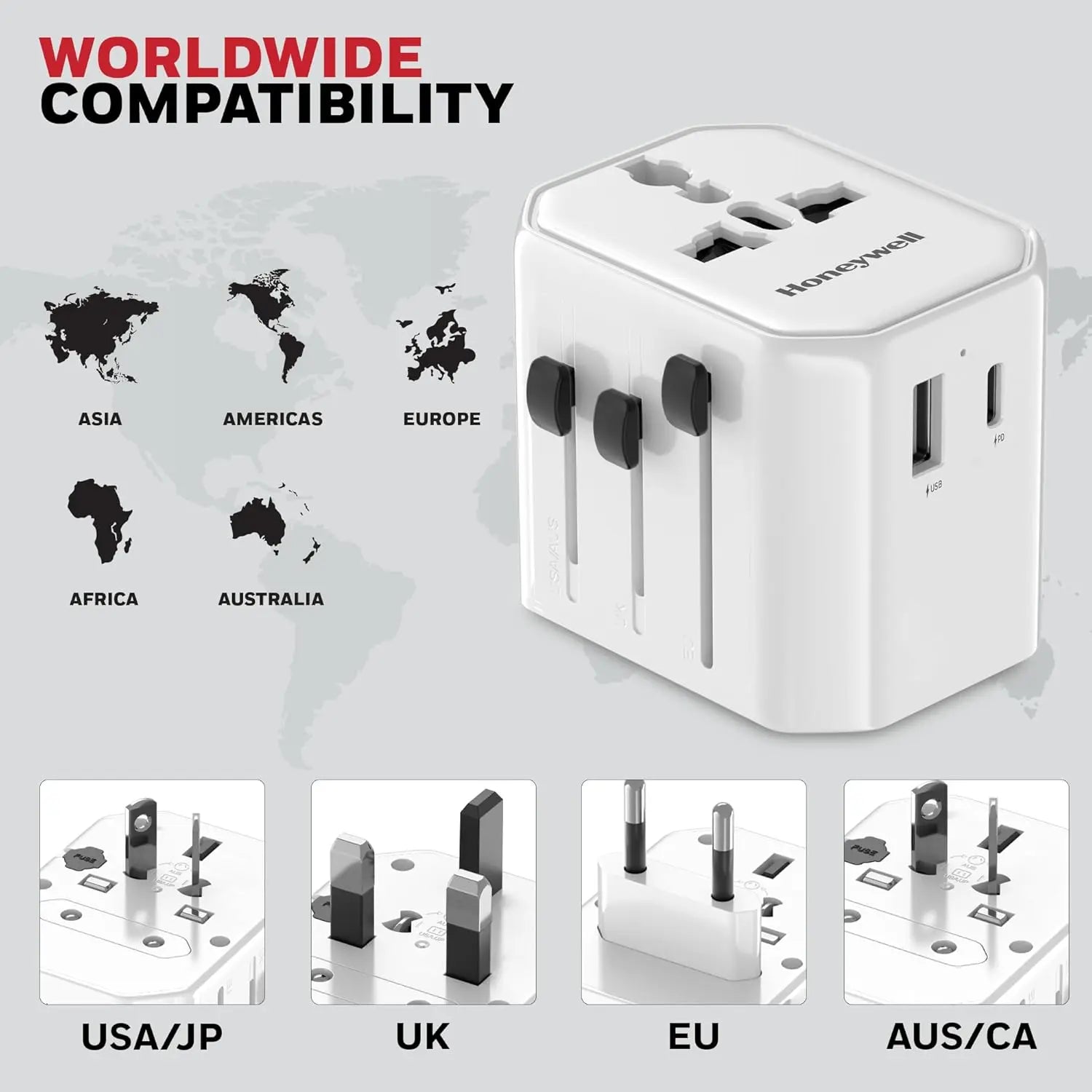 Honeywell New Launch Universal Travel Adapter 38W, 3-in-1 Fast Charging, Universal Socket, TypeC, USBA, Worldwide Wall Charger for EU,US,UK & CN/AUS White