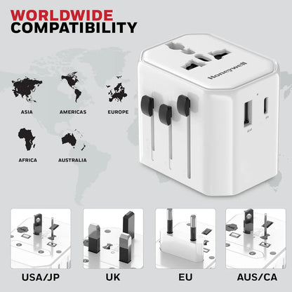Honeywell New Launch Universal Travel Adapter 38W, 3-in-1 Fast Charging, Universal Socket, TypeC, USBA, Worldwide Wall Charger for EU,US,UK & CN/AUS White