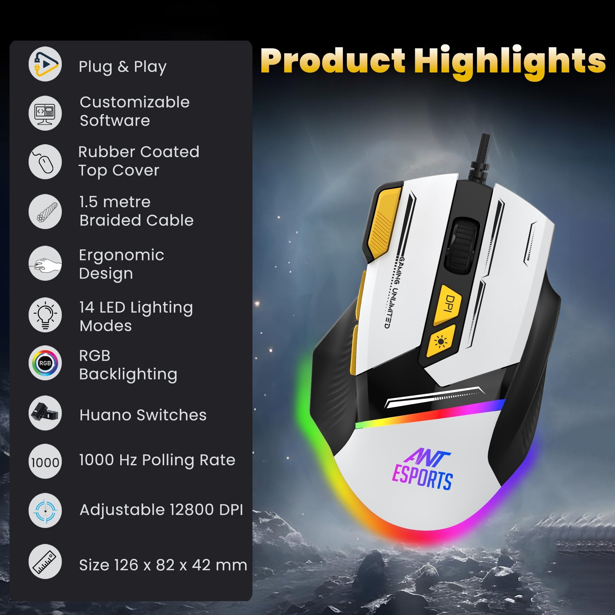 ANT ESPORTS GM333 RGB WIRED HIGH END OPTICAL ERGONOMIC GAMING MOUSE BLACK/GREY/YELLOW