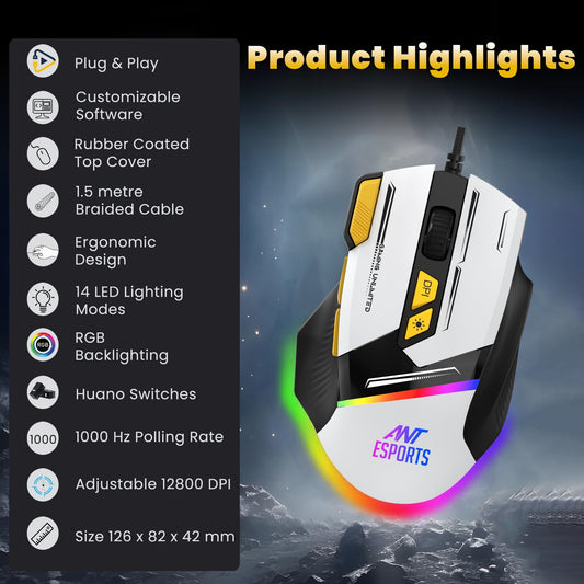 ANT ESPORTS GM333 RGB WIRED HIGH END OPTICAL ERGONOMIC GAMING MOUSE BLACK/GREY/YELLOW