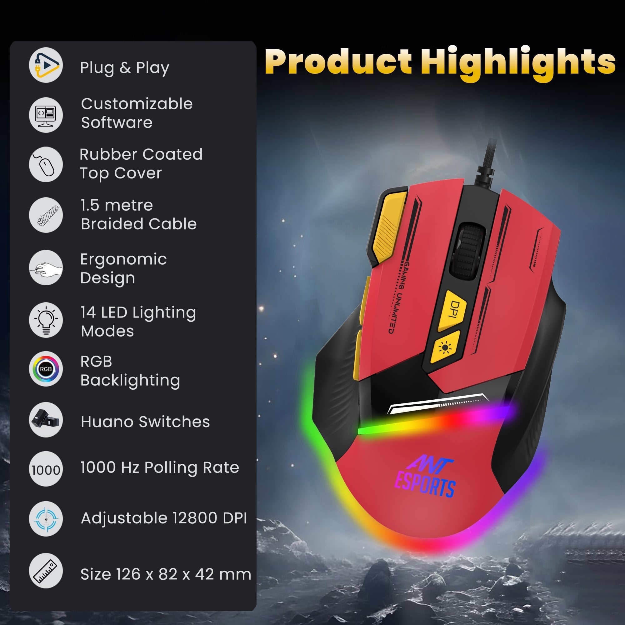 ANT ESPORTS GM333 RGB WIRED HIGH END OPTICAL ERGONOMIC GAMING MOUSE BLUE/WHITE/YELLOW