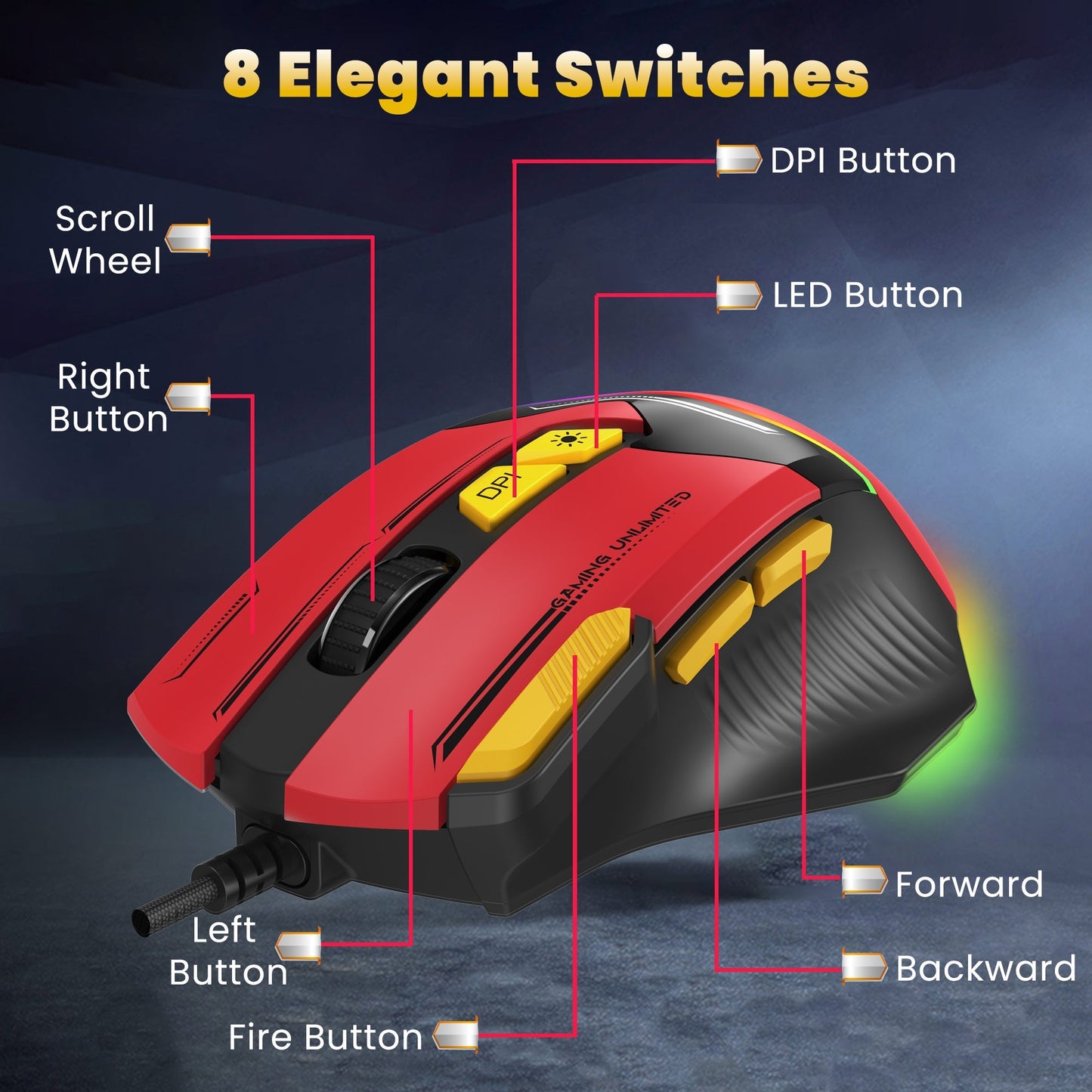 ANT ESPORTS GM333 RGB WIRED HIGH END OPTICAL ERGONOMIC GAMING MOUSE BLUE/WHITE/YELLOW
