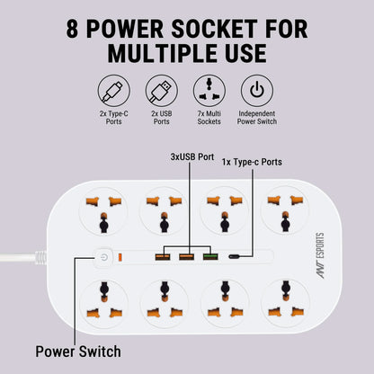 ANT ESPORTS PS831 UNIVERSAL POWER STRIP WITH USB & TYPE C WITH 8 UNIVERSAL SOCKETS, 3 METERS CABLE