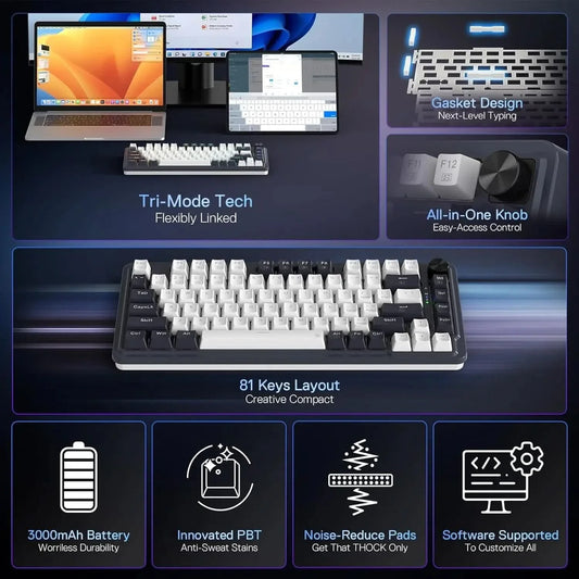 Redragon K673 PRO 75% Wireless Gasket RGB Gaming Keyboard, 3-Modes 81 Keys Compact Mechanical Keyboard Dedicated Knob Control & Sound Absorbing Pads (Linear Red Switch)