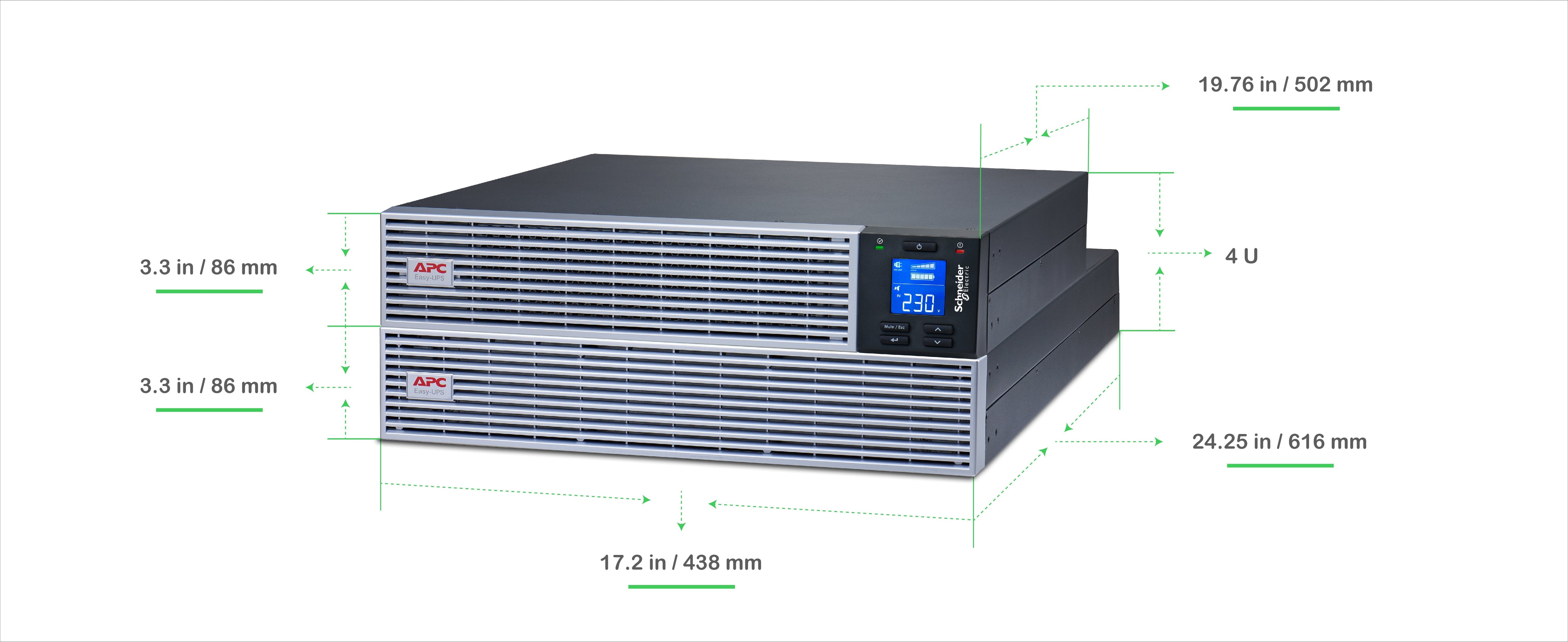 APC EASY UPS ON-LINE SRVL3KRIL-IN - 3000VA/ 2700W | 230V | 4 INDIA 3-PIN 6A +1 HARD WIRE (1P+N+E) OUTLETS | LITHIUM-ION | RACK/TOWER 4U | INTELLIGENT CARD SLOT | VISUAL LCD AND AUDIBLE ALARMS | EXTENDED RUNTIME,W/O RAIL KIT | 3 YEARS WARRANTY ON UPS
