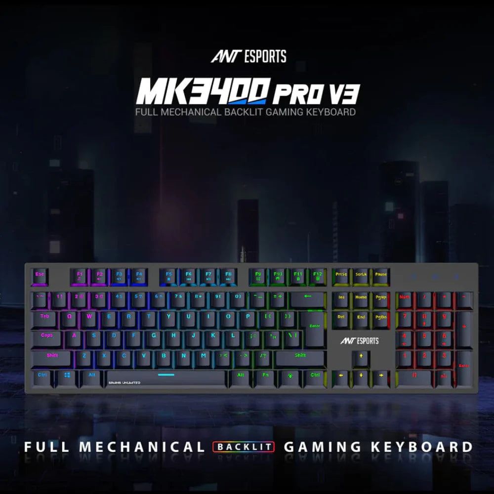 ANT ESPORTS MK 3400 Pro V3 Full Size Mechanical Wired Gaming Keyboard (Black) (Blue Switch) (Clicky Switch) (MK3400-pro-V3)
