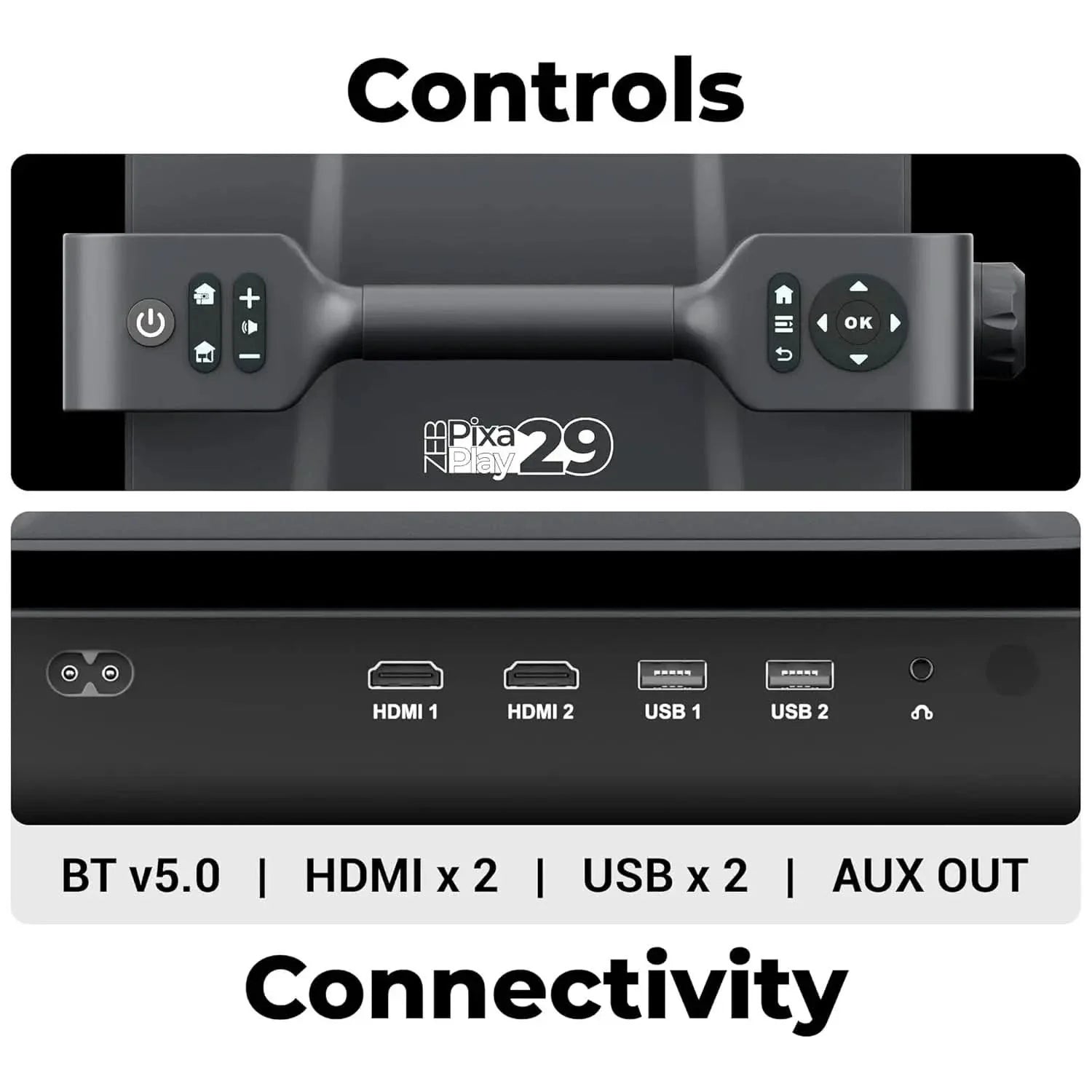 ZEBRONICS PIXAPLAY 29, Smart Projector, 14500 Lumens, Dolby Audio, 4K Support, 200 Inch Screen Size, Supports Bluetooth, HDMI, USB, WiFi, 1080p Native, Auto Focus, Keystone, APP Support, Miracas