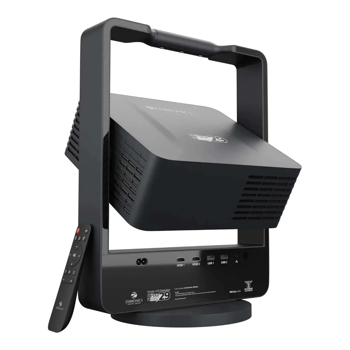 ZEBRONICS PIXAPLAY 29, Smart Projector, 14500 Lumens, Dolby Audio, 4K Support, 200 Inch Screen Size, Supports Bluetooth, HDMI, USB, WiFi, 1080p Native, Auto Focus, Keystone, APP Support, Miracas