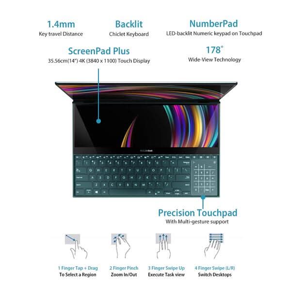ASUS ZENBOOK PRO DUO, INTEL CORE I7 9TH GEN 15.6 INCH 4K UHD OLED TOUCH LAPTOP (32GB RAM/1TB NVME SSD/WINDOWS 10/6GB RTX 2060 GRAPHICS CARD/CELESTIAL BLUE/2.50 KG), UX581GV-HM7201T