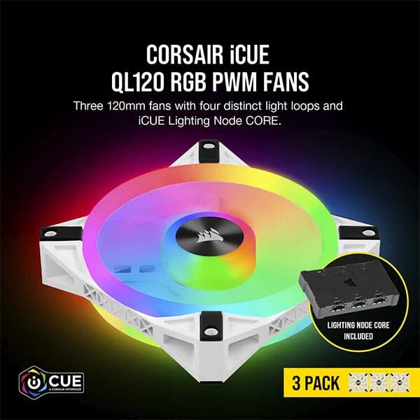 CORSAIR ICUE QL120 120mm RGB Cabinet Fan (White) (Triple-Pack)