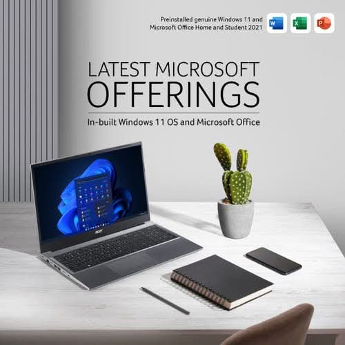 Acer Aspire Lite, AMD Ryzen 5 7430U processor Laptop (Windows 11 Home/16 GB RAM/512 GB SSD/AMD Radeon Graphics/Microsoft Office)AL15-41 with 39.6 cm (15.6")Full HD IPS Display, Steel Gray ,1.59 kg UN.31ZSI.039