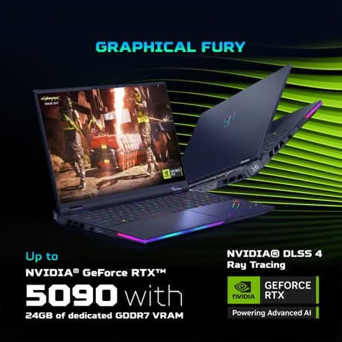 Acer Predator Helios 16 AI, Intel Core Ultra 9 Processor, 64GB RAM DDR5 6400mhz/2TB SSD, RTX 5090-24 GB GDDR7, 16.0" WQXGA OLED, 240Hz Refresh Rate, Windows11 Home, Abyssal Black, 2.65 kg, PH16-73, Per Key RGB Backlight Keyboard