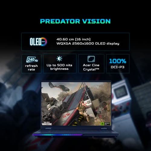 Acer Predator Helios 16 AI, Intel Core Ultra 9 Processor, 64GB RAM DDR5 6400mhz/2TB SSD, RTX 5090-24 GB GDDR7, 16.0" WQXGA OLED, 240Hz Refresh Rate, Windows11 Home, Abyssal Black, 2.65 kg, PH16-73, Per Key RGB Backlight Keyboard