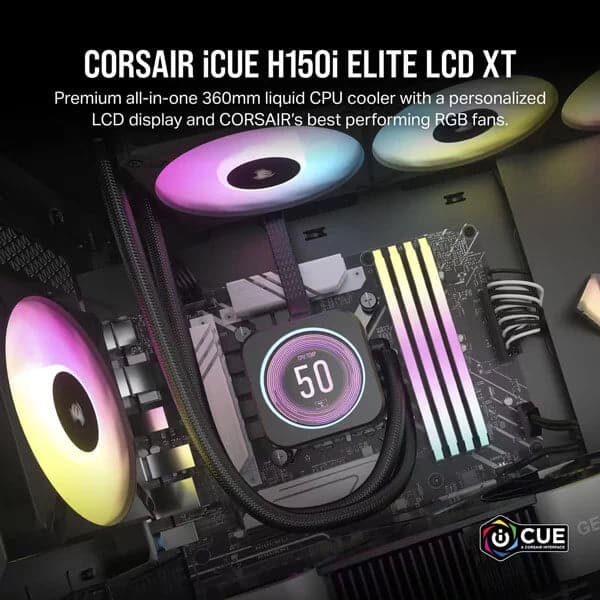 CORSAIR iCUE H150i Elite LCD XT RGB 360mm CPU Liquid Cooler (Black)