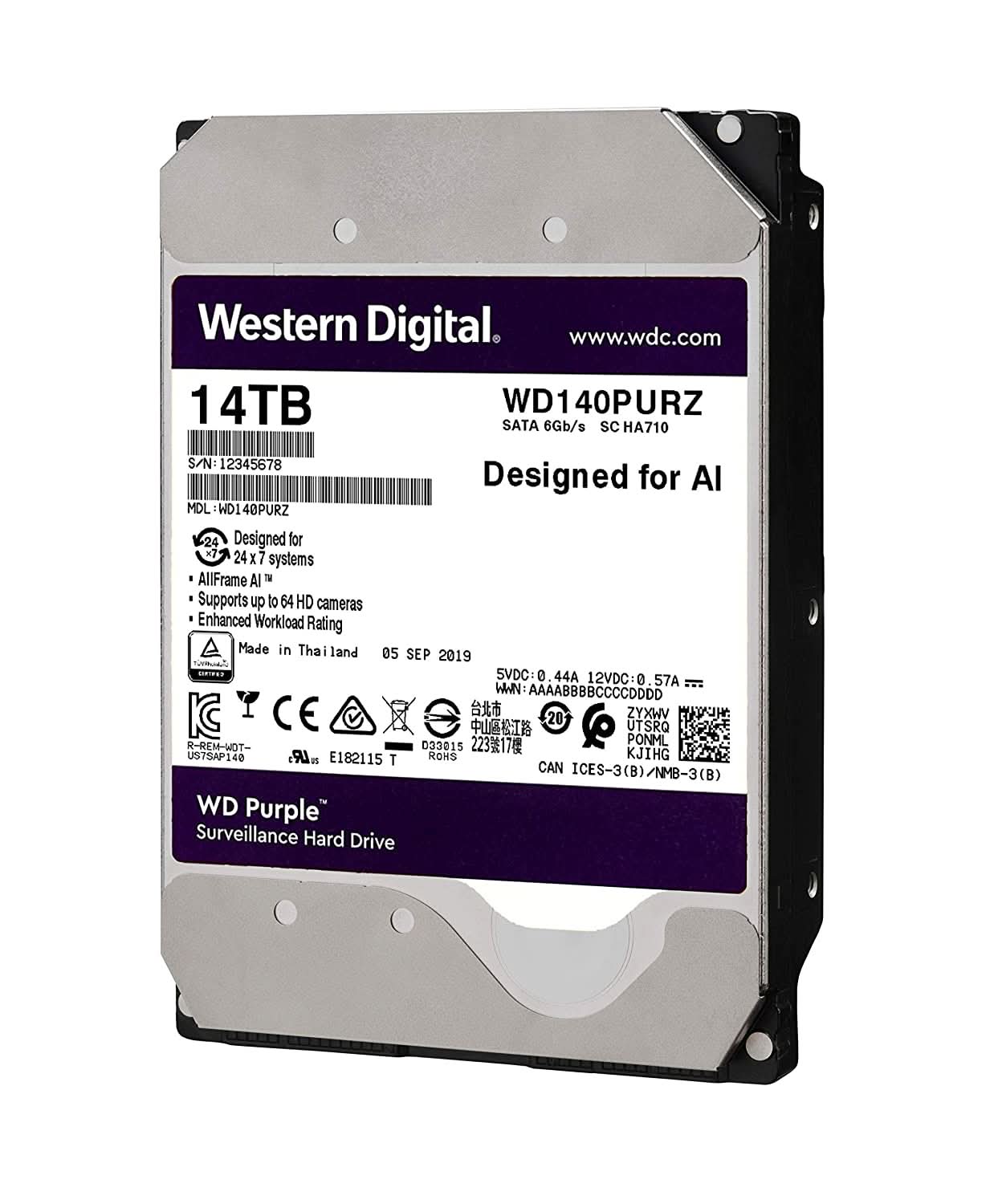 WESTERN DIGITAL PURPLE 14TB SURVEILLANCE INTERNAL SATA HARD DRIVE