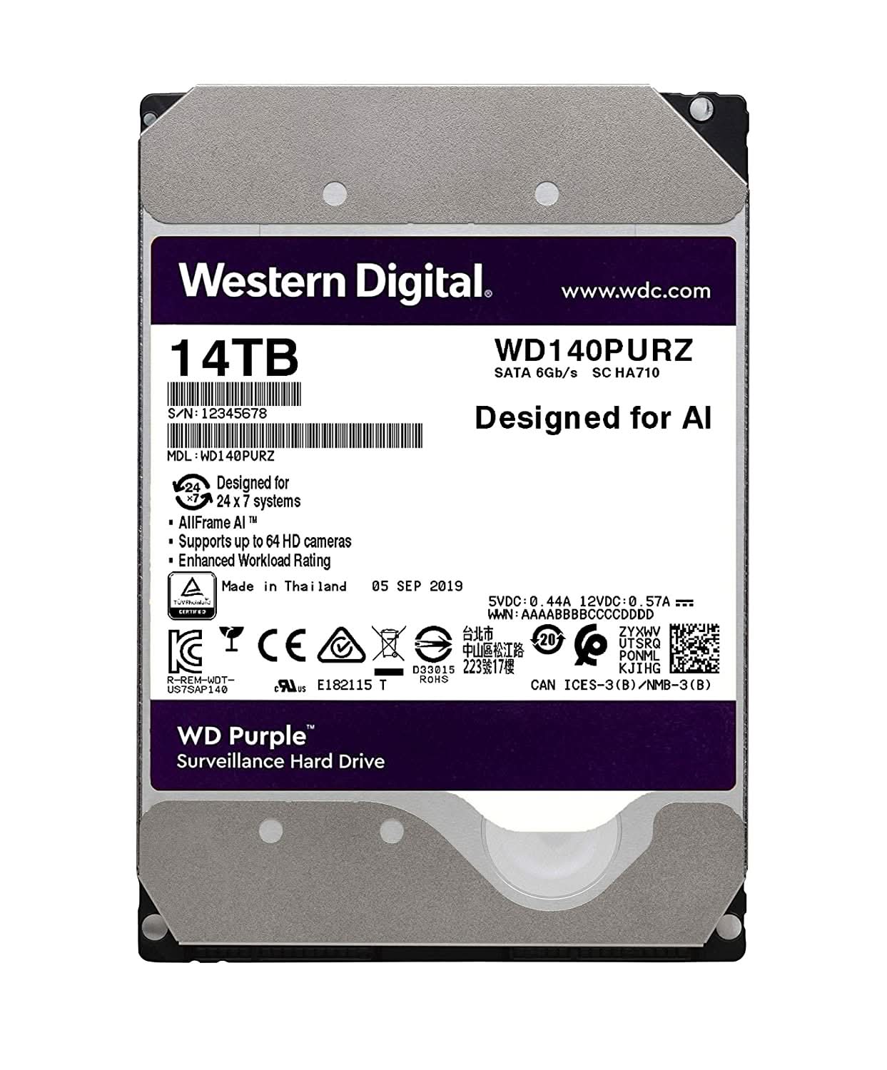 WESTERN DIGITAL PURPLE 14TB SURVEILLANCE INTERNAL SATA HARD DRIVE