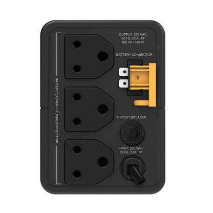 APC BACK-UPS BX600I-IN 600VA/360W | 230V | 3 INDIA 3-PIN 6A OUTLETS | AUTOMATIC VOLTAGE REGULATION | VISUAL LED AND AUDIBLE ALARMS | REPLACE BATTERY & OVERLOAD INDICATORS | GENERATOR COMPATIBLE & AUTO START FUNCTION | USER REPLACABLE BATTERY |