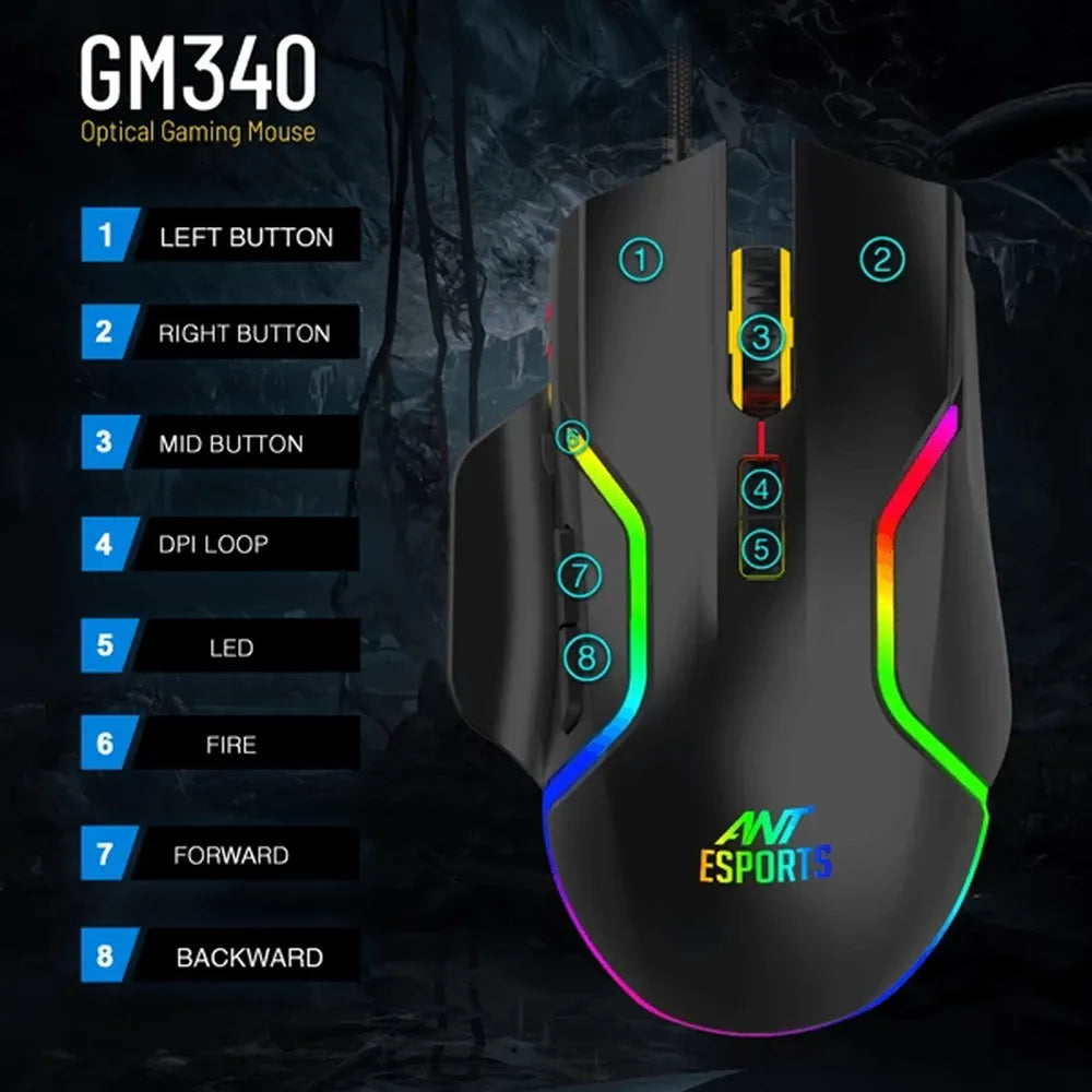ANT ESPORTS GM340 Wired Ergonomic Gaming Mouse (GM340) (12800DPI) (8 Macro Button) (Black)