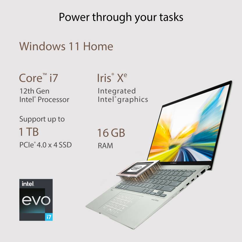 ASUS ZENBOOK 14 OLED TOUCH INTEL EVO P-SERIES INTEL CORE I7 12TH GEN 1260P - (16 GB/512 GB SSD/WINDOWS 11 HOME) UX3402ZA-KN732WS THIN AND LIGHT LAPTOP (14 INCH, AQUA CELADON, 1.39 KG, WITH MS OFFICE)
