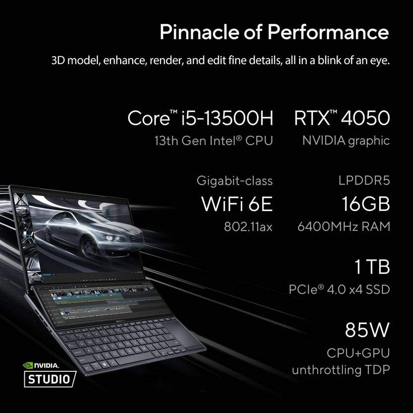 ASUS ZENBOOK PRO 14 DUO OLED FOR CREATOR, INTEL H-SERIES INTEL CORE I5 13TH GEN 13500H - (16 GB/1 TB SSD/WINDOWS 11 HOME/6 GB GRAPHICS/NVIDIA GEFORCE RTX 4050/120 HZ/65 TGP) UX8402VU-MZ551WS GAMING LAPTOP (14.5 INCH, TECH BLACK, 1.75 KG, WITH MS OFFICE)