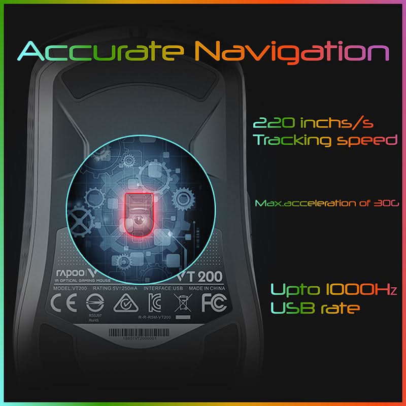 RAPOO OPTICAL GAMING MOUSE VT200 FEATURING IR SENSOR TECHNOLOGY WITH 6200 DPI
